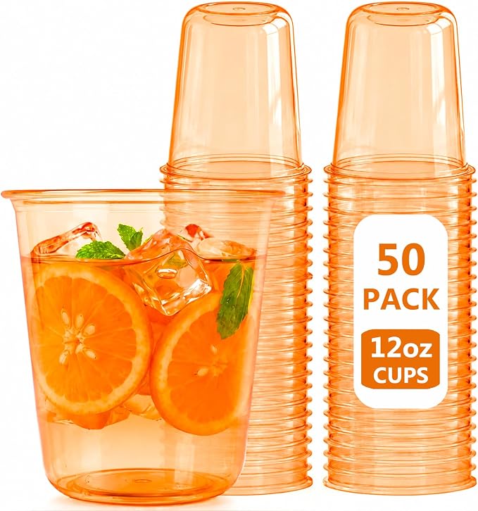 WELLIFE 50 Pcs 12 oz Clear Orange Plastic Cups | Disposable Cocktail Glasses Stemless Wine Punch Cups for Cold Drinking Party Supplies Graduation Halloween Thanksgiving Day