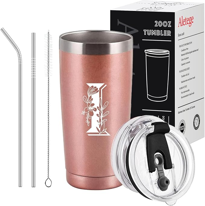 Letter I Insulated Travel Cup with Lid, Personalized Initial Mugs for Women, Letter I Gift Coffee Mugs for Women, Wife, Mom, Grandma, Bridal Shower Gifts, 20 OZ Rose Gold Two Lids