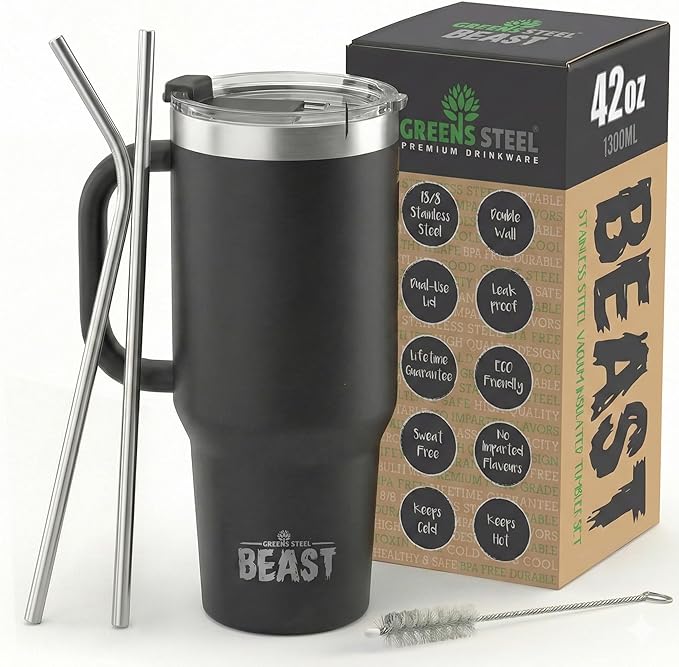 Beast 42 oz Tumbler with Handle Stainless Steel Vacuum Insulated Coffee Ice Cup Double Wall Travel Flask (Matte Black)