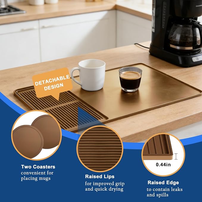 Mrcrypos Silicone Coffee Station Mat with Rasied Edges 16x24 Inch, Brown | Anti-Slip, Heat-Resistant, Spill-Proof, Bar Mat for Most Countertop & Espresso Machines, under Coffee Maker/Dish Rack