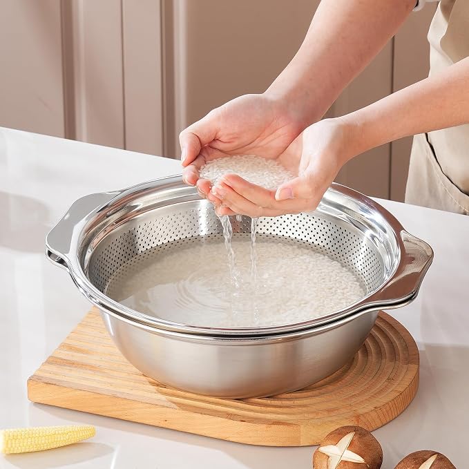 Colander for Kitchen Stainless Steel, 4QT Rice Strainer Bowl with Handle for Washing Pasta, Spaghetti, Vegetables, Fruit, Durable Use, Dishwasher Safe(2PC)