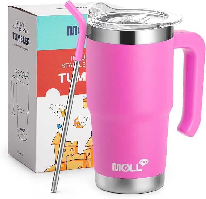 16 oz Tumbler with Handle, Hot Pink | Reusable Vacuum Insulated Tumbler with Convenient Handle, Complete with Sealed Lid & Straw, Ideal Daily Travel Cup for Women