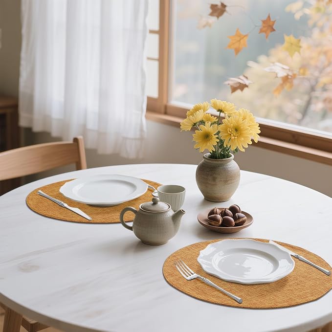 Cotton Linen 15 Inch Round Cloth Place mats, Set of 6, Amber | Washable Table Mats, Heat Resistant, Reversible, Wipeable Place Mats for Indoor Outdoor