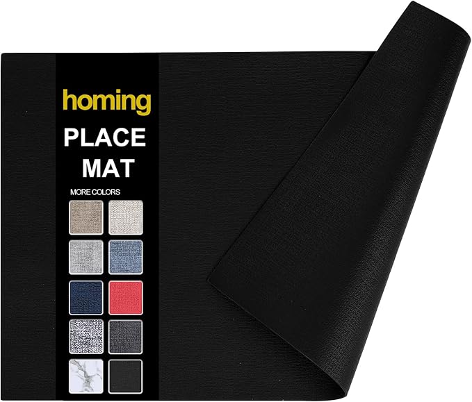 Faux Leather Heat Resistant Placemats 6 Packs, Waterproof Wipeable Dining PU Place Mats for Indoor & Outdoor, Easy to Clean, Black