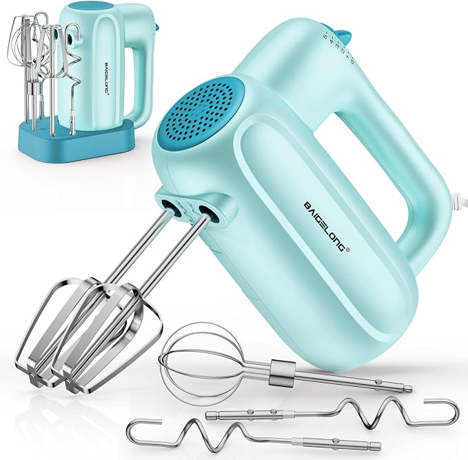 BAIGELONG Hand Electric Mixer, 5-Speed KitchenMixer with 5 * 304 Stainless Steel Attachments + Storage Base, Food Handheld Mixer for Baking, Whipping Cream, Cake Mixing, Blue