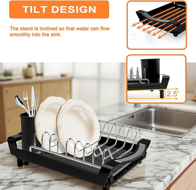 Dish Drying Rack Compact Expandable - A Space-Saving, Stainless Steel, Rust-Resistant Dish Drainer for Kitchen and Apartment Countertops/Sink Cabinets, Extendable from 11.42 to 19.9 inches(Black)