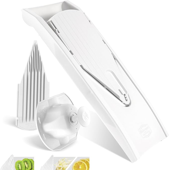 Borner Mandoline Food Slicer V1 (Basic Set) by Reston Lloyd • V-Slicer with Food Holder • Made in Germany • Fruit & Vegetable Chopper • Multiple Settings • Color: White