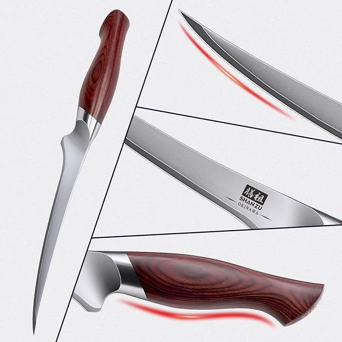 SHAN ZU Fillet Knife 7 In, Razor Sharp Boning Knife for Meat | Japanese 10Cr15Mov High Carbon Steel Fish knife, Professional Kitchen with Flexible Blade and Ergonomic Pakkawood Handle