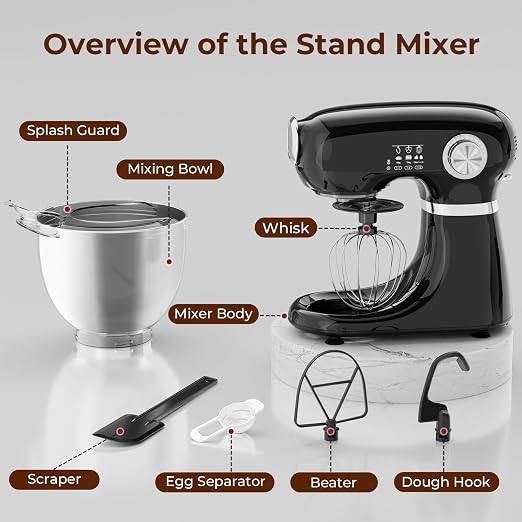 Electactic 5.3 Quart Electric Stand Mixer With 12 Speed, Low Noise | Electric Mixer With Tilt Head, Kitchen Mixer for Daily Use with Egg Whisk, Dough Hook, Flat Beater, Anti-slip Suction Cup