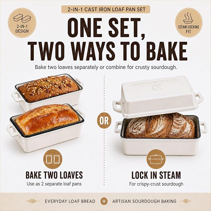 Northriver Casting 2 in 1 Enameled Cast Iron Bread Pan with Lid, Perfect Bread Oven, Loaf Pans for Baking Homemade Sourdough Bread 9x5, 2 Piece set, White