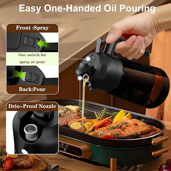 Olive Oil Sprayer & Dispenser for Cooking, 16oz Dark Glass Oil Mister, 2PC | 2-in-1 Oil Sprayer & Pourer, Fine mist, Light-Blocking, Wide Mouth for Easy Refill & Clean, 8 Oil Labels, Reusable