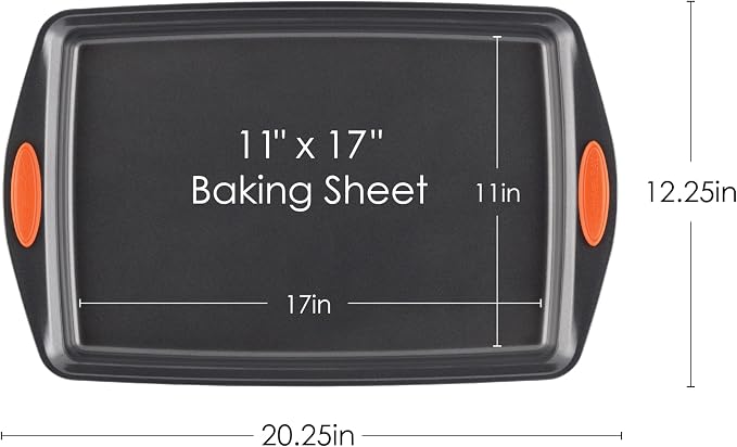 Rachael Ray Nonstick Bakeware with Grips, Nonstick Cookie Sheet / Baking Sheet - 11 Inch x 17 Inch, Gray with Orange Grips