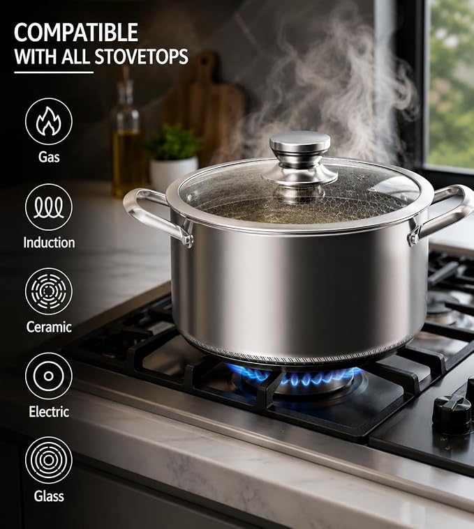 Toutrop Hybrid Nonstick Stock Pot with Lid,Stainless Steel Stockpot,Induction Soup Pot Compatible with All Cooktops,Dishwasher & Oven Safe,Stainless steel,6 Quart