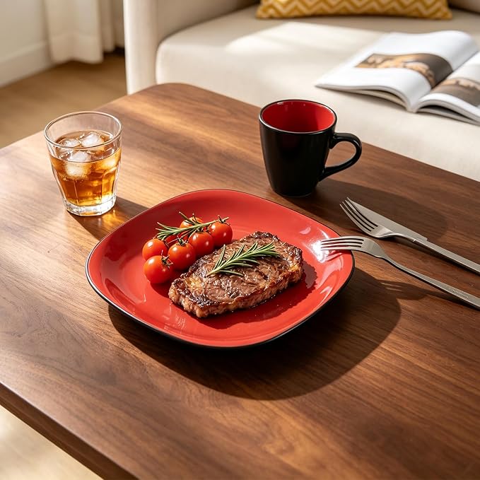 Stoneware Square 16pc Dinnerware Set, Inside Shiny Red + Outside Matte Black