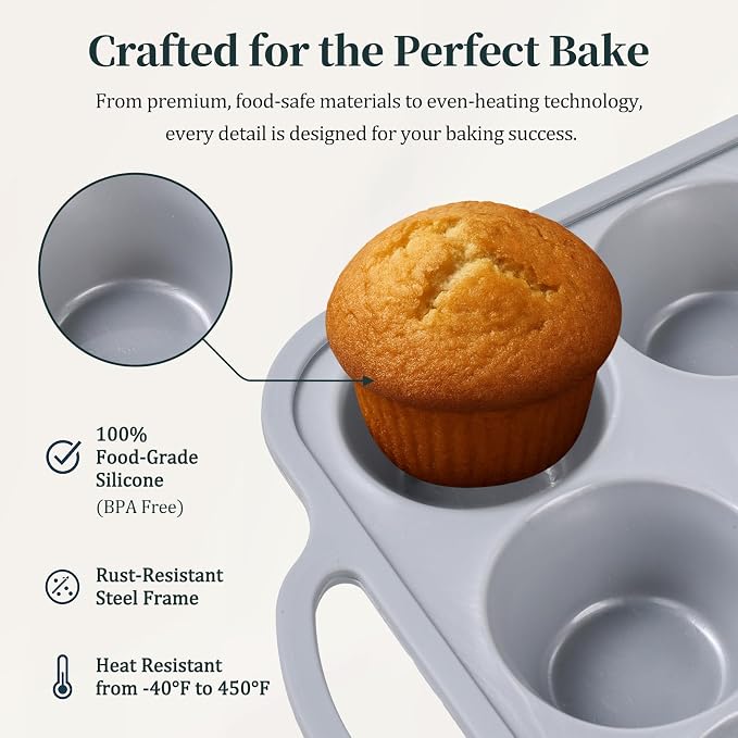 12-Cup Mini Silicone Muffin Pan with Reinforced Steel Frame,Metallic Silver | Regular Size Cupcake Pan, BPA Free Silicone Muffin Tray, Reinforced Steel Frame for Stability, Easy Baking & Cleanup, 2Pk