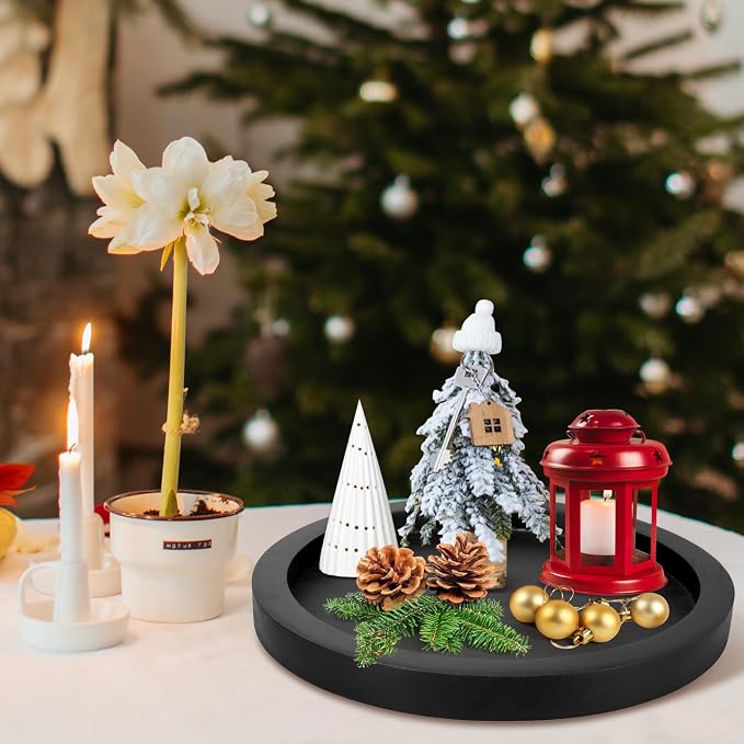 Black Round Wood Decorative Tray for Coffee Dining Table Centerpiece Decor | Small Wooden Serving Trays Farmhouse Kitchen Island Living Room Decor Candle Plates Holder Bathroom Counter Tray Accessories