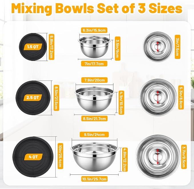 Beasea Mixing Bowls with Lids Set of 3, 1.5/2.5/4 QT Stackable Stainless Steel Nesting Mixing Bowls with Lids for Baking, Meal Prepping, Kitchen Food Serving, Storing