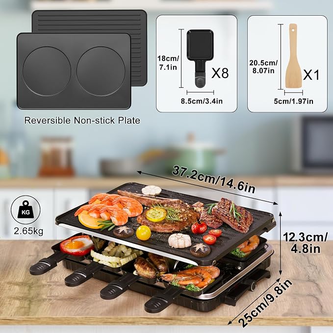 Raclette Table Grill 2-in-1 Korean BBQ Smokeless Indoor Grill, 8 Pans 1300W | Electric Griddle with Nonstick Surface & Adjustable Temp Control, KBBQ Table Grill for Family Gatherings, Dining & Parties