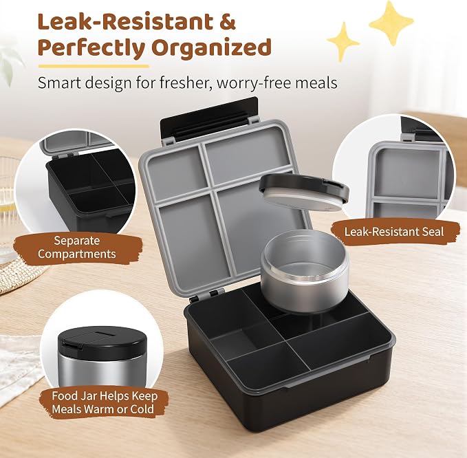 Bento Lunch Box with 8oz Soup Thermo, Kids Leakproof Lunch Food Containers with 4 Compartment, Kids Thermo Insulated Hot Food Jar for School, Trvael (Grey)