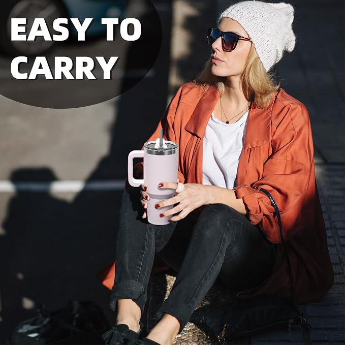 30 oz Tumbler with Handle,Tumbler with Lid and Straw,Double Wall Insulated Cup Stainless Steel Travel Mug(Cold for 34 Hours),Water Bottle for Iced Tea,Coffee,Cold Beverages(Rose Quartz)