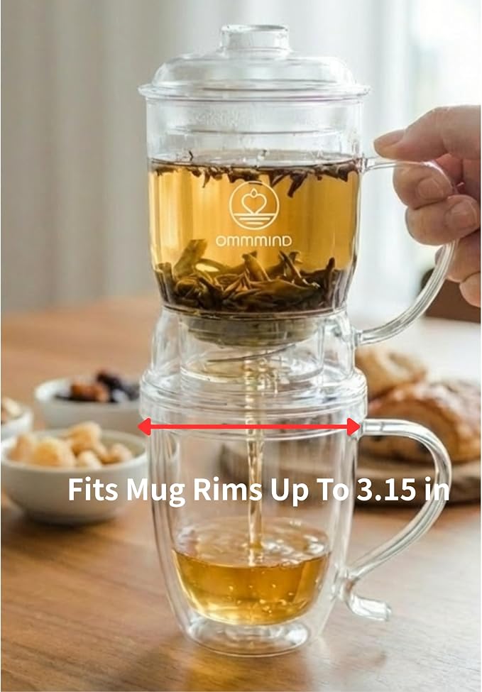 Glass Tea Infuser, Easy Drain for Loose Leaf, 15.2 oz, Clear | Fits rims under 3.15 in; set on mug to drain, lift to stop, helps limit bitterness. Dishwasher safe; tea bags, herbs, coffee