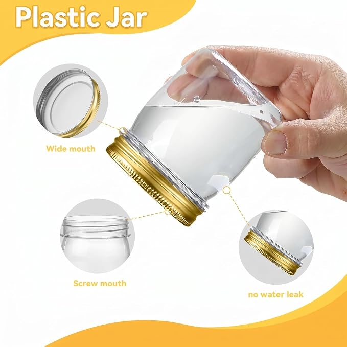 novelinks 8 oz Plastic Mason Jars and Clear Plastic Jars with Lids 8 oz | 16 Pack, Gold, Plastic Containers with Lids, Small Mason Jars, Clear Jars Bulk, Spice Jars, Slime Jars, Mini Jars