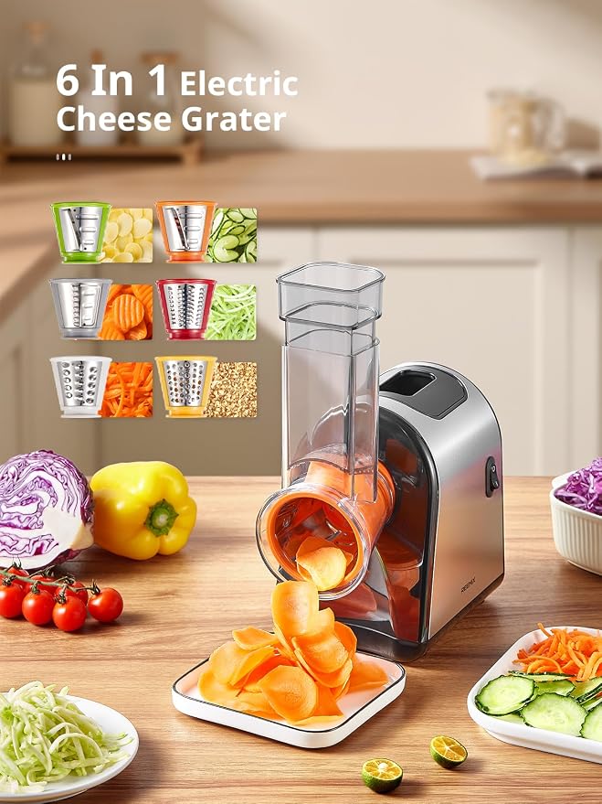 Reemix Electric Cheese Grater, Electric Food Grater | 6 Interchangeable Blades – Slicing, Shredding & Zesting | Stainless Steel Blades, Fast, Effortless Meal Prep for Home Cooks