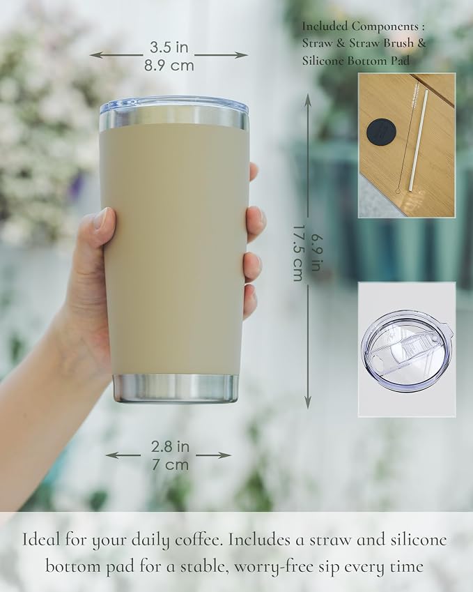 20oz Travel Coffee Tumbler 8 Pack, Lids and Straws, Stainless Steel | Double Wall Vacuum Insulated Tumbler, Coffee Mug for Hot & Cold Drinks, Fits Most Car Cup Holders, Brown