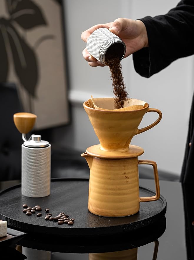 Pour Over Coffee Maker,Ceramic Coffee Maker With 40 pcs Paper Filter，15oz/450ml Pour Over Coffee Dripper (Yellow, V02)
