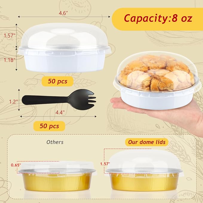 LNYZQUS 8oz Mini Pie Tins with Lids 50 Pack, 4 Inch Individual Cake Pans | Foil Disposable, Small Cake Tins, Mini Pie Containers, for Bake Sale Baking and Packaging, Round White
