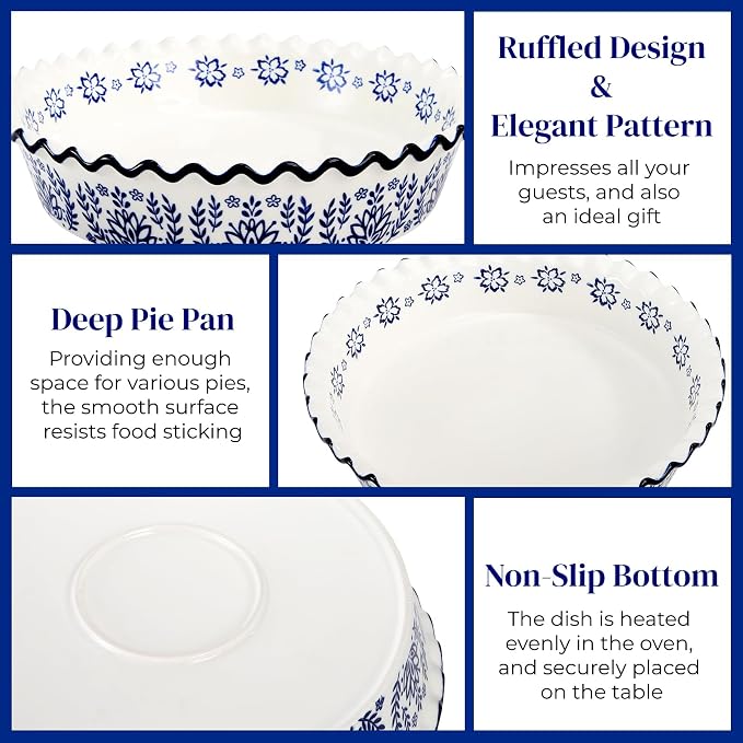 SOUJOY 2 Pack Ceramic Pie Pans for Baking, 10 Inch Pie Plates with Ruffled Edges, Deep Round Baking Dishes, Non-Stick Bakeware for Quiches Tarts Casseroles, Oven Microwave & Dishwasher Safe