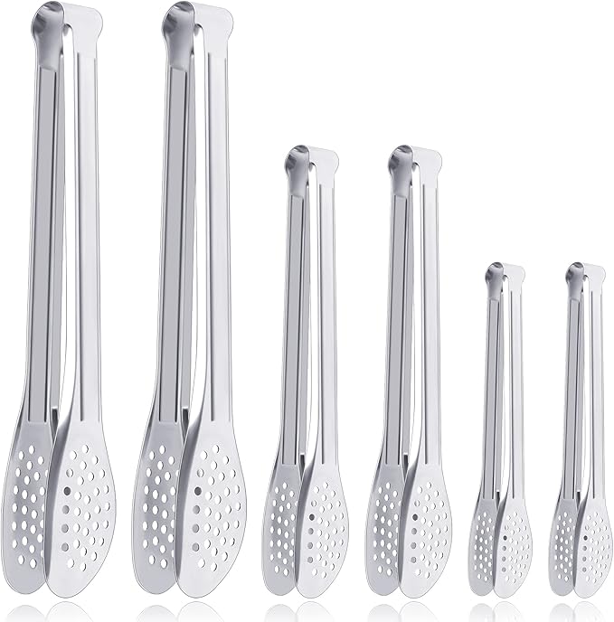 6 Pack Serving Tongs for Buffet Stainless Steel Serving Utensils 7,9,12Inch | Silver stainless steel; 7, 9 and 12 in sizes; open non-locking design for buffets, parties, catering and table service