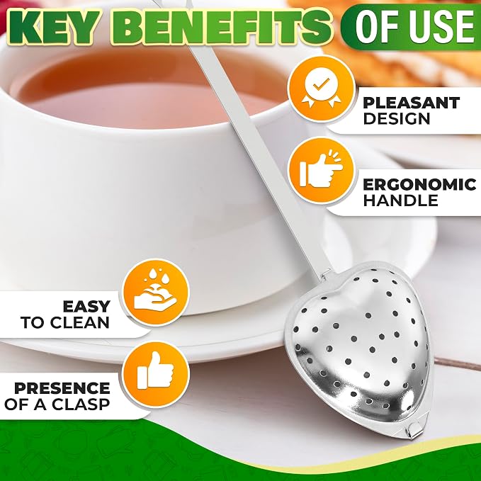10 Pcs Heart Tea Infuser, 5.52 Inch, Stainless Steel Steeper | Heart Tea Strainer Bulk; Rust-Resistant; Dishwasher Safe; Secure Clasp, Easy Brewing Design; for Parties & Gifting