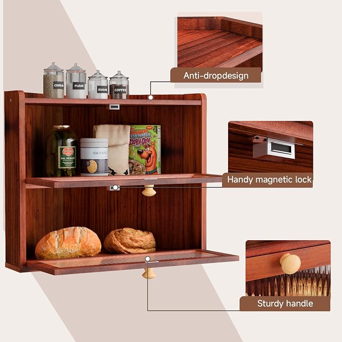 Corner Bread Box for Kitchen Countertop, Cherry-Toned 2-Tier Farmhouse | Ventilated Design Keeps Bread Crusty, Stores Fruit, Snacks & Spices, Corner-saving for Countertop, Counter Organizer