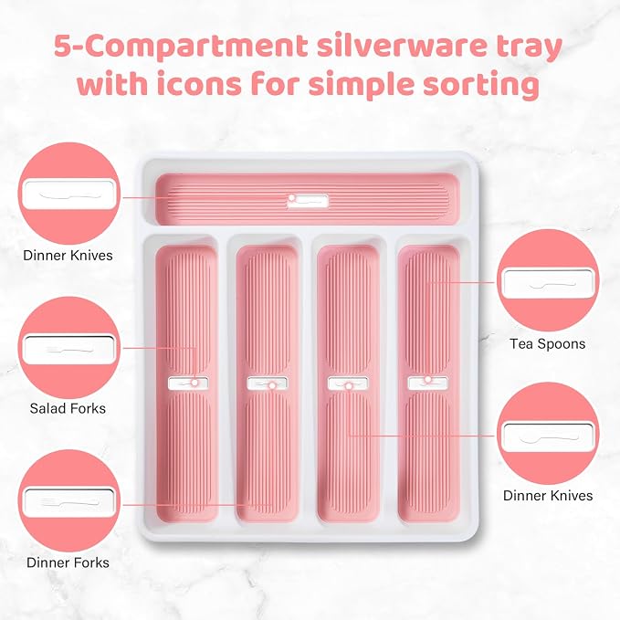 5-Compartment Silverware Organizer Tray with Icons for Kitchen Drawer | Non-slip TPR Linings，5-Compartment，High-quality Plastic，Fits Well In Standard Drawers，With Cutlery Icons