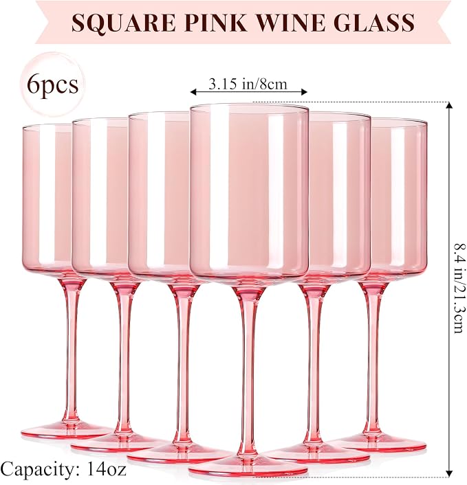 Pink Wine Glasses - Hand Blown Square Colored Wine Glasses with Long Stems, Set of 6 - 14oz Each, Ideal for All Occasions