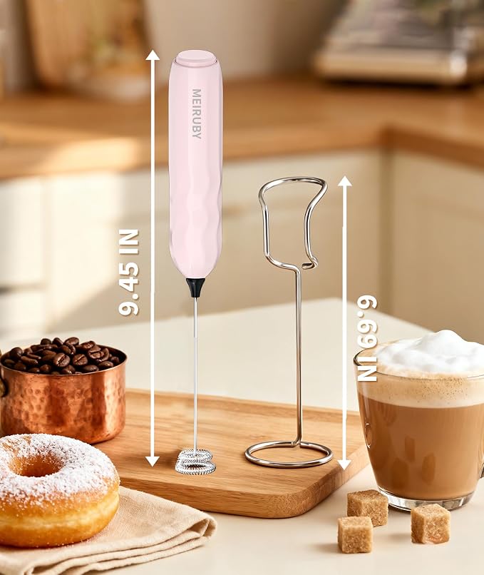 2-Pack Milk Frother Handheld with Stand, Valentines Day Gifts for Him and Her, Powerful Electric Coffee Frother, Coffee Lover Gift for Lattes, Cappuccino, Matcha & Hot Chocolate, White/Pink