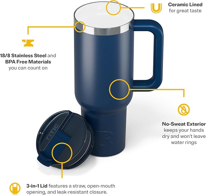 RTIC 40oz Road Trip Tumbler, Insulated, Ceramic Lined, Navy | with Lid, Handle and Straw, Stainless Steel Metal Cup, Portable for Hot and Cold Drinks, Coffee, Car, Camping, Travel