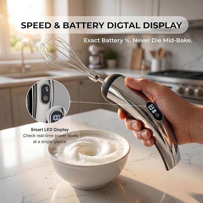 Mini Cordless Hand Mixer, 5-Speed Electric Whisk with Digital Display, USB-C Rechargeable & Silent, Portable for Drinks, Breakfast & Baking(Black)