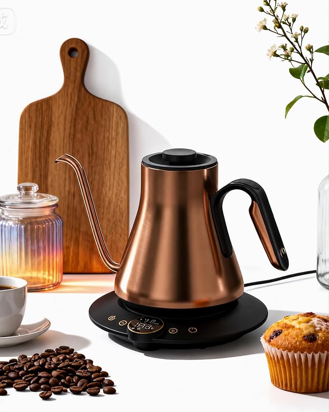 Cocinare Gooseneck Electric Kettle, ±1°F Precise Temperature Control, 1500W Fast Heating, Pour Over Coffee & Tea Kettle with Brew Timer & Keep Warm, Stainless Steel, 0.9L (Bright Bronze)