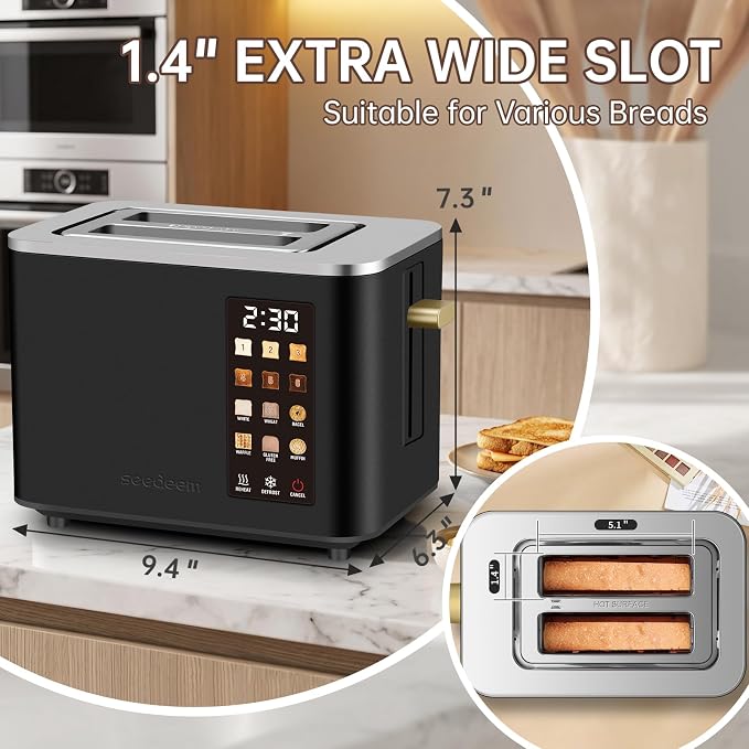 SEEDEEM 2 Slice Toaster with Full Touch Screen, Stainless Steel, 6 Bread Types & 6 Shade Settings, Countdown Display, Removable Crumb Tray, 900W, Black