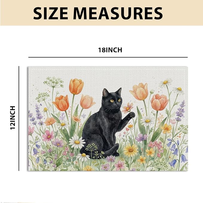 Black Cat Placemats Set of 4, Spring Floral Watercolor Table Mats | Party Kitchen Dining Decor, Washable Non-Slip Heat Resistant Linen Fabric Rectangle Place Mats, Cute Cat Lover Gifts