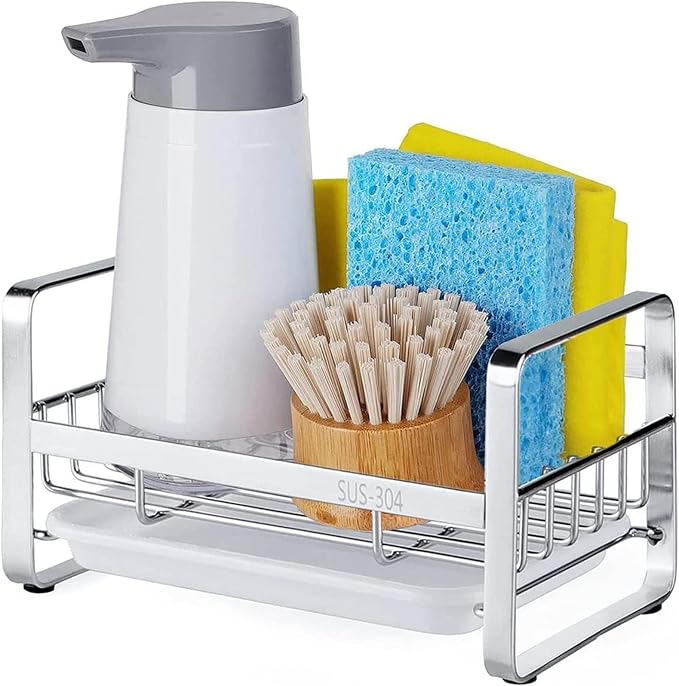 HULISEN Kitchen Sink Sponge Holder, 304 Stainless Steel Kitchen Soap Dispenser Caddy Organizer, Countertop Soap Dish Rack Drainer with Removable Drain Tray, not Including Dispenser and Brush | Removable Drain Tray, Holds Sponges Soap Bottles Brushes, C...
