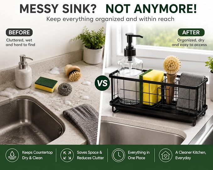 Kitchen Sink Caddy Organizer with Removable with Drain Tray, Rustproof Sponge Holder for Kitchen Counter, Carbon Steel Sink Organizer for Soap Dispenser, Sponge, Scrub Brush & Cleaning Accesories