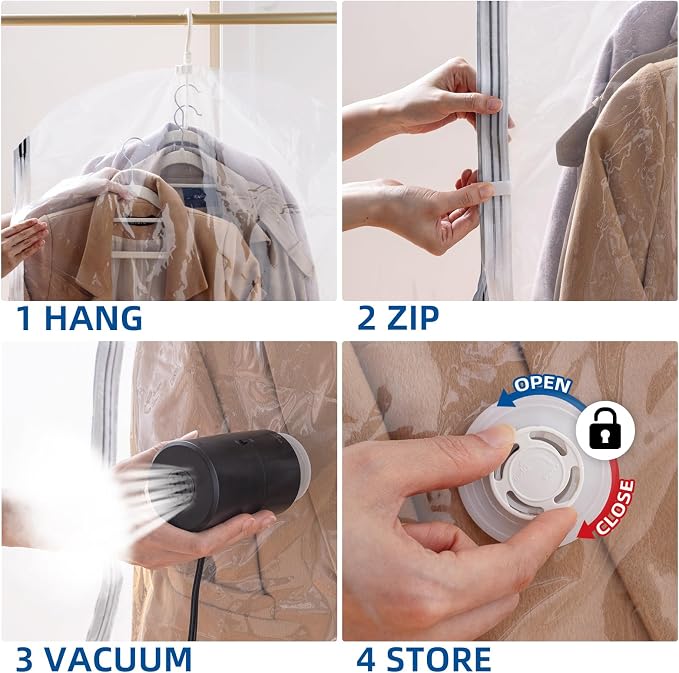 Hanging Vacuum Storage Bags, Space Saver for Clothing, 6 Long with Pump | Vacuum Seal Bags for Clothing with Electric Pump, Hanging Garment Storage for Jackets, Suit, Dresses, Winter Closet Organizer