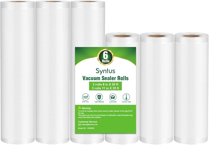 Syntus Vacuum Sealer Bags for Food, 3 Rolls 11" x 20' and 3 Rolls 8" x 20' | 6 Pack, BPA Free, Custom Size, Heave-duty, Durable, Sous Vide Cooking Freezer Microwave Safe, Works with All Vacuum Sealers