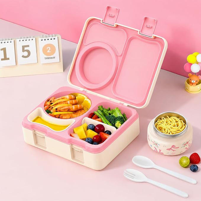 Kids Insulated Lunch Box with 8OZ Thermo Food Jar | Leakproof Bento Box with Ice Pack Sauce Cup Utensils Removable Tray & Dividers for School Daycare Travel, Floral Bows