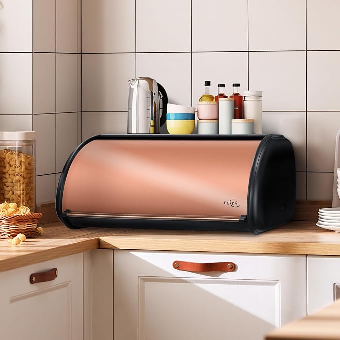 ENLOY Bread Box for Kitchen Countertop, Stainless Steel Bread Storage Bin for Kitchen with Roll Up Lid, Large Capacity Bread Keeper Holds Large Loaves of Bread (Rose Gold) 17 x 11 x 7 IN
