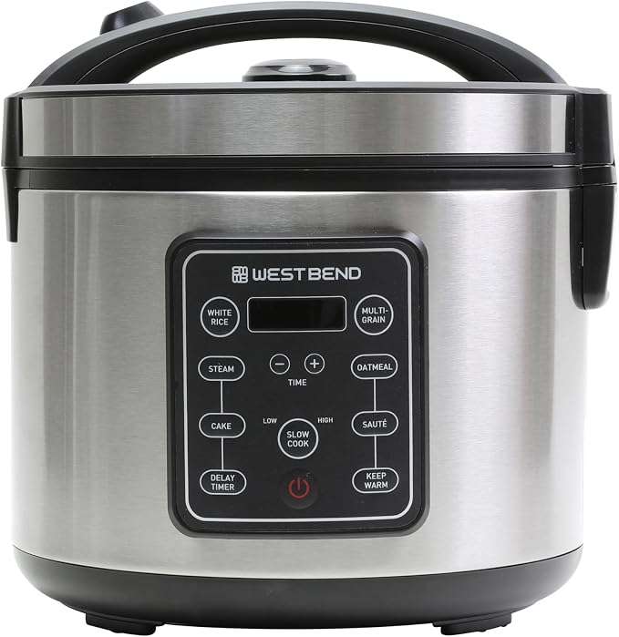West Bend Rice & Grain Multi Cooker Programmable with 9 Preset Functions, Features Delay Start and Keep Warm Functions and Steam Basket, 20 Cups Cooked (10 cups uncooked), Stainless Steel
