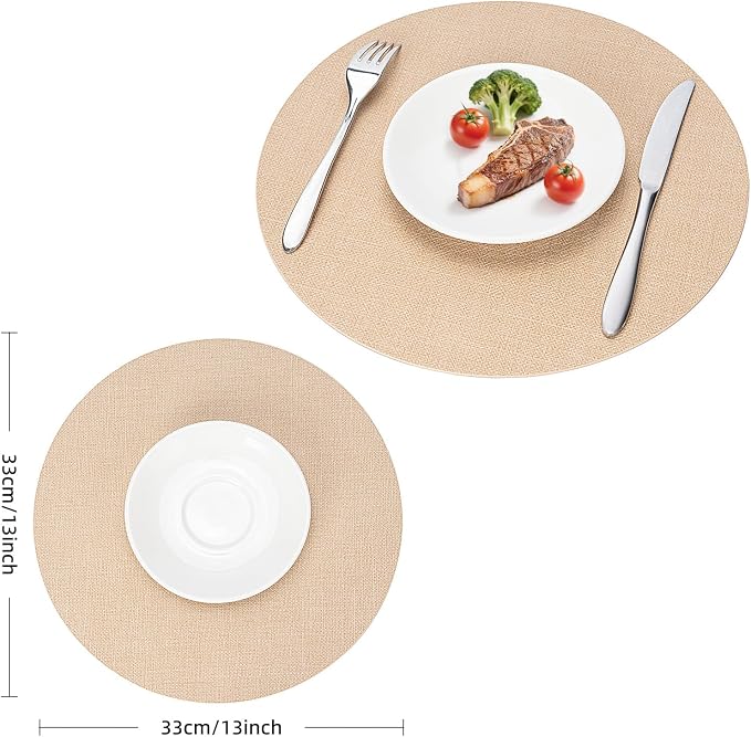 Faux Leather Placemats Set of 6, Wipeable Waterproof Stain Resistant Table Mats, Heat Resistant Thick Placemats with Hand-Painted Edges for Kitchen Dining, Imitative Linen Texture, Various Shapes